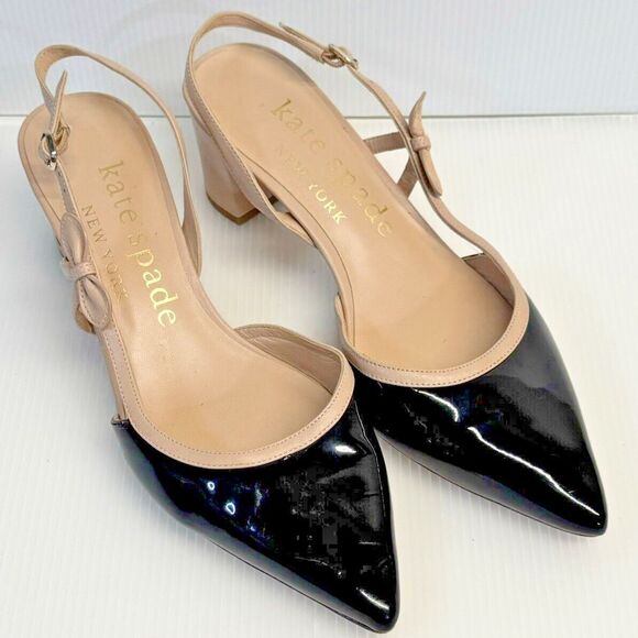 Kate Spade Black Midge Bow Patent Leather Slingback Block Heel Pumps Sz. 8.5 - Picture 2 of 9